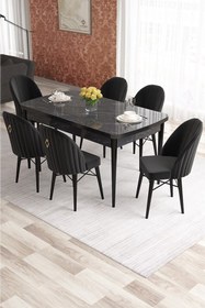 Resim Canisa Elf Serisi 80x132 Açılabilir Siyah Mermer Desen Masa Takımı 6 Antrasit Sandalye 