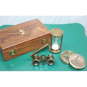 Resim Ahşap Kutulu Pirinç Pusula, Kum Saati, Dürbün Seti 