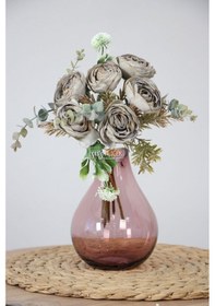 Resim Yapay Çiçek Ara Dallı Yassı Şakayık Gül Buketi 30 Cm Gri 