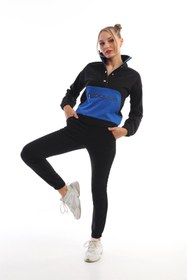 Resim Edelle Siyah Saks Kadın Eşofman Takımı Slim Fit Dik Yaka Fermuarlı Kanguru Cep 