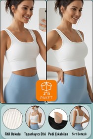 Resim SHİBA Kadın Crop 2'li Paket Beyaz Pedli Spor Sütyeni Yarım Atlet Büstiyer Bluz 