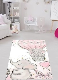Resim Pelangi Filli Uçan Balonlu Kalpli Dijital Baskı Yıkanabilir Kaymaz Taban Fil Desenli Bebek Odası Halısı, Karışık Renkli 80 x 150 