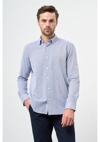 Resim İmza Mavi Kısalabilir Kollu Armürlü Biritli Yaka Pamuklu Casual Slim Fit Dar Kesim Gömlek 1004240202 Mavi 