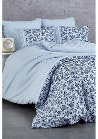 Resim Çift Kişilik Nevresim Takımı Pamuklu Mavi Düş Çiçekleri 