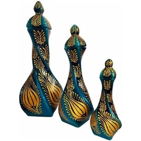 Resim El İşlemeli Altın - Turkuaz Burgu Vazo 3 Lü Seti 