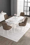 Resim Canisa Noa Serisi Beyaz Mermer 80x132 Açılabilir Masa Takımı 4 Kahverengi Sandalye Gümüş Halkalı 