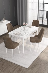 Resim Canisa Noa Serisi Beyaz Mermer 80x132 Açılabilir Masa Takımı 4 Kahverengi Sandalye Gümüş Halkalı 
