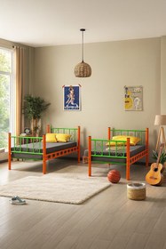 Resim ARGİMO Carme Genç Çocuk Odası Metal Ranza Ve Karyola 90x190 Turuncu Yeşil 