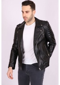Resim Erkek Siyah Hakiki Deri Yakalı Asimetrik Fermuarlı Spor Mont 