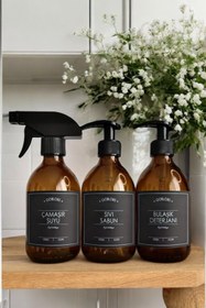 Resim GO BLOBS 3'lü Set 300ml Siyah Etiketli Amber Şişe Sıvı Sabun & Bulaşık Deterjanı & Çamaşır Suyu 