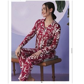 Resim Miss Klein Kadın Büyük Beden Gömlek Yaka Pamuklu Likralı Uzun Kol Pijama Takımı 1129 - 1 Adet Vişne 