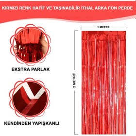 Resim Kırmızı Metalize Parlak Saçaklı Perde 