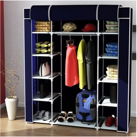 Resim KalyonHome Çift Yandan Çok Raflı Plastik Profilli Bez Dolap Kumaş Gardırop Lacivert Renk 