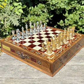 Resim Premium Tamamen El Yapımı Satranç Takımı, Gold Metal, Masif Ahşap Satranç, Hediyelik, Satranç Seti 