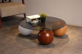 Resim Modern Orta Sehpa & Küre Sehpa & Top Sehpa & Füme Yuvarlak Cam & 1 Beyaz - 1 Ceviz - 1 Meşe Top 