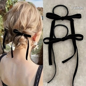 Resim 2'li Kadın Şık Fiyonklu Saç Tokası - Fiyonk ve Püsküllü Uçlu Minimalist Şık Saç Bantları, Sevgililer Günü, Günlük ve Resmi Etkinlikler için Yumuşak Kumaş Saç Aksesuarları, Sofistike Saç Bandı, Dayanıklı Saç Bandı 