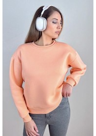 Resim Kadın Cozy İçi Polarlı Somon Basic Bisiklet Yaka Pamuklu Kalın Örme Sweatshirt Somon 