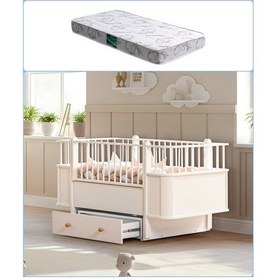 Resim Mdf Beşik, Krem Dünya Çekmeceli Büyüyen Beşik 80x130 - 1 Adet 80x130 Comfort Yatak Beyaz 