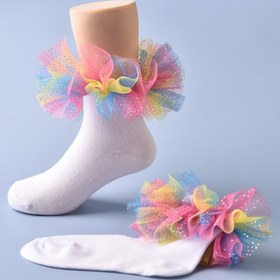 Resim Kızlar İçin Renkli Dantel Fırfır Prenses Çorapları - Yumuşak Polyester Karışımı, Sadece Elde Yıkama, Dans ve Her Mevsim İçin Mükemmel, Ayak Bileği Yüksekliğinde Canlı Pembe, Mavi, Sarı ve Yeşil Katmanlarla, Prenses Tarzı Çoraplar | Fırfırlı Ayak Bileği Çorapları | Polyester Spandeks Karışımı, Sevimli Çoraplar 