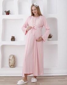 Resim Hamile Sabahlıklı Gecelik Takımı / Düğmeli ve Güpürlü - 2286 - Somon / 2XL / Terlik ve Taç İstemiyorum 