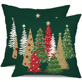 Resim 2'li Set Şeftali Derisi Karışık Noel Yastık Kılıfları 45.72x45.72 cm Noel Ağacı Süsü Yeşil Atma Yastık Kışlık Noel Süsü 
