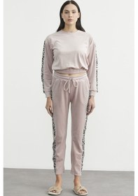 Resim Leopar Kombinli Kadife Eşofman Takım - Pudra Pudra 