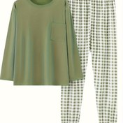 Resim Kadınlar için Büyük Beden Pembe Ekose Pijama Takımı - Rahat Uzun Kollu ve Pantolonlu Ev Giyimi, Cep Detaylı, Esnek Polyester Kumaş, Bahar ve Sonbahar için Mükemmel, Büyük Beden Ev Giyimi | Ekose Desen | Polyester Kumaş, Ev Giyimi Pijamaları 