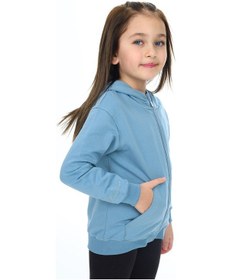 Resim Toontoy Kız Çocuk Kapüşonlu Fermuarlı Cepli Düşük Omuz Nakış Baskılı Örme Hırka - 2 İplik Mavi 