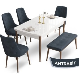 Resim Canisa Concept Ahu Serisi 80 x 132 cm Beyaz Masa Ceviz Ayak Mutfak Masa Takımı 4 Sandalye 1 Bench 