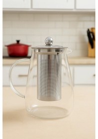 Resim 1500 Ml Cam Metal Süzgeçli Demlik Isıya Dayanıklı Detoks Sürahisi & Bitki Çayı Karafı 