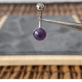 Resim %100 Cerrahi Çelik Doğal Ametis Taşlı Çelik Göbek Piercingi Gümüş 