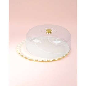 Resim Glore Solid Krem Wavy Altın Yaldızlı Cam Kek Fanusu 