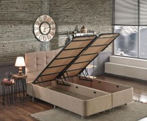 Resim Niron Yatak Polo Çift Kişilik Sütlü Kahve Baza + Başlık 150 x 200 cm 