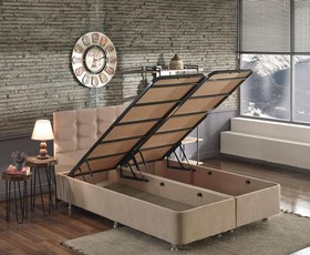 Resim Niron Yatak Polo Çift Kişilik Sütlü Kahve Baza + Başlık 140 x 190 cm 