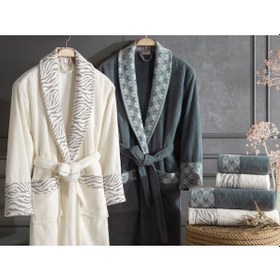 Resim Dantela Premium Cotton Jakarlı Aile Bornoz Seti-Mery Krem Petrol Petrol - Krem 