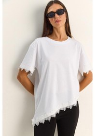 Resim Shade Kadın Bisiklet Yaka Dantel Detaylı Asimetrik Kesim Oversize T-shirt 2224 60286124 - Beyaz 