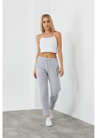Resim Kadın Gri Regular Fit Düz Paça Beli Lastikli Bağcıklı Eşofman Altı Gri 