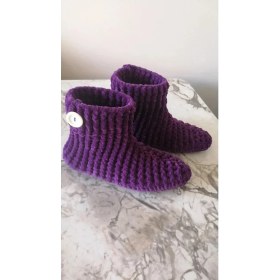 Resim Merut Style El Örgüsü Kadife Ip Mor Düğme Detaylı Ev Botu Panduf 