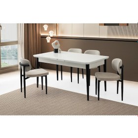 Resim Ortadan Açılır Büyüyen 90x160cm Beyaz Ahşap Salon Yemek Masa Bej Sandalye Takımı 4 Siesta Sandalyeli Beyaz 