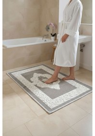 Resim Pamuklu Kaymaz Taban Dikdörtgen Banyo Paspası Yüksek Emici Pamuk Dokuma Banyo Halısı 60 X 100 Cm Ölçülerinde Bej 