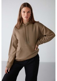 Resim Grimelange Adel Kadın Organik Pamuklu Içi Polarlı Yumuşacık Relaxed Kanguru Cepli Kapüşonlu Vizon Sweatshirt 