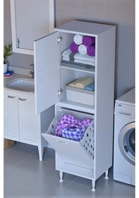 Resim Eliusta Miretta Üst Bölme Kapaklı Altı Kirli Sepetli Dolap 35 Cm Genişlik Beyaz 35x138x32,5 Cm Dolap Beyaz 