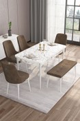 Resim Canisa Are Serisi Mdf 80x132 Açılabilir Beyaz Mermer Desen Masa Takımı 4 Kahverengi Sandalye Ve 1 Bench 