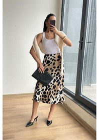 Resim Mixray 4647 Kadın Beli Lastikli Leopar Saten Etek Bej 