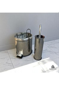 Resim İsaoğlu Yapı Banyo Çöp Kovası Klozet Fırçası Seti Paslanmaz Malzeme Kapaklı Kova Ve Fırça Gri 