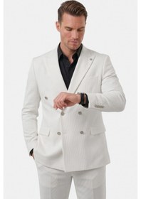 Resim Deep Sea Deepsea Erkek Beyaz Slim Fit Kruvaze Takım Elbise Likralı Çizgili Dokulu Metal Düğmeli 2600820 