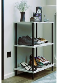 Resim 3 Katlı Ayakkabılık Raf - Çevir Tak Sistemli Kolay Kurulum Metal Gövde Ahşap Raflı Organizer Beyaz Mermer 