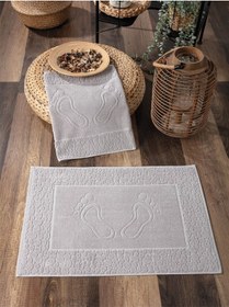 Resim 2'li Ayak İzli Ayak Havlusu Seti - %100 Pamuk Havlu Takımı Gri 