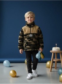 Resim Zekids Erkek Çocuk Kamuflaj Desen Yarım Fermuarlı Polar Sweatshirt-16421 Haki 