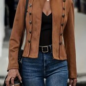 Resim Kadınlar için Vintage Tarzı Çift Düğmeli Ceket - Düz Renk, Dar Kesim, Uzun Kollu ve Süs Düğmeleri, Makinede Yıkanabilir, Sonbahar/Kış için Mükemmel 